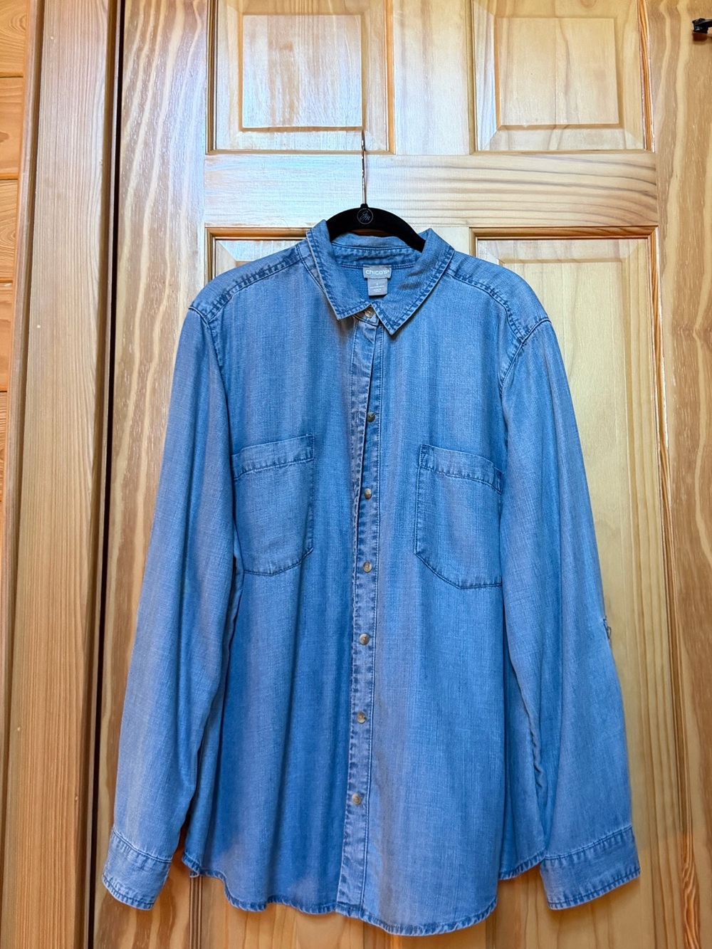 Women’s  Light Blue Denim Button-Down Shirt by Chicos, size 3